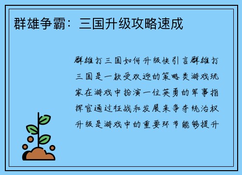 群雄争霸：三国升级攻略速成
